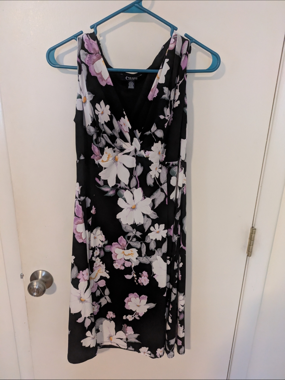 Chaps Black Floral Knee Length Dress with White and Lilac Blooms